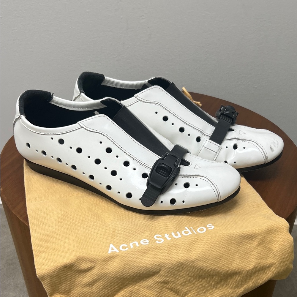 Acne White and Black Perforated Buckle Loafers